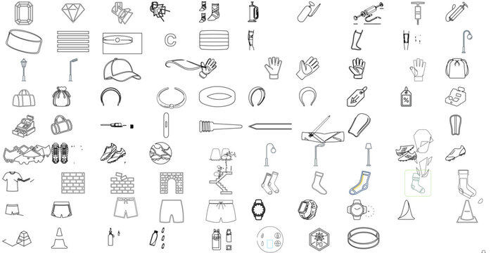 90 soccer equipment and gear vector icon set bundle covering balls, boots, goals, nets, pumps, cones, shin guards, gloves, jerseys, whistles, bags, braces, trophies, tactics and training accessories