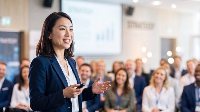 Young businesswoman delivering presentation to engaged audience in conference room, confident and energetic speaker conveying strategy and leadership