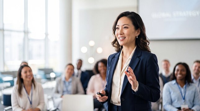 Confident businesswoman giving presentation to diverse workshop audience, professional seminar leader speaking with engagement and warm expression