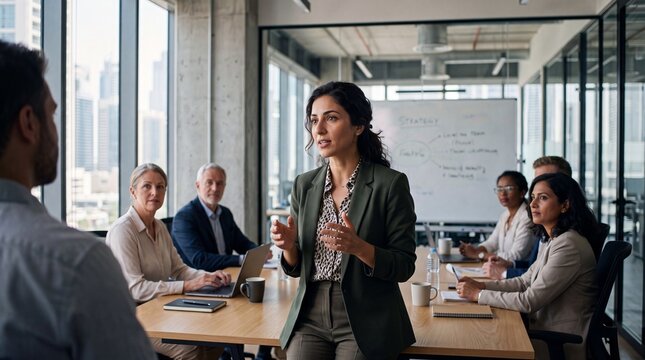 Documentary style mid shot of female executive presenting to diverse team in modern glass conference room, confident leadership and collaborative business discussion in progress