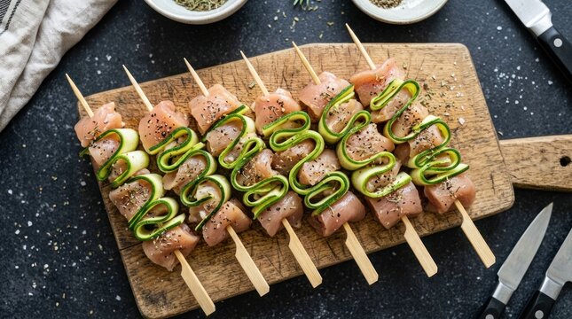 Raw Salmon and Zucchini Skewers on Wooden Board Ready for Grilling.