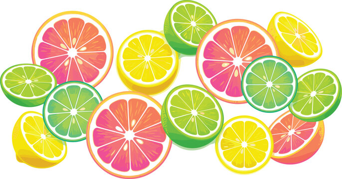 Vibrant Citrus Fruit Slices Vector Illustration Featuring Fresh Lemon Lime and Pink Grapefruit Halves for Summer Beverage Branding and Healthy Food Pattern Designs