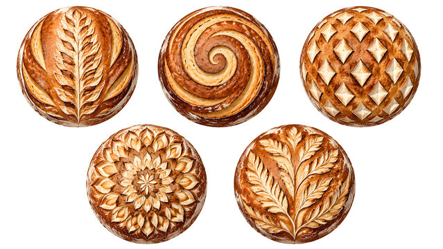 Artisan sourdough bread loaf collection illustration featuring intricate scored patterns like wheat, spirals, and mandalas isolated on a white background