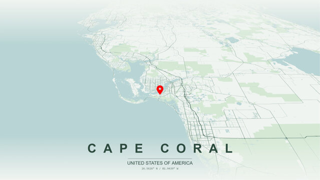 Minimalist vector map of Cape Coral, Florida, USA. High-quality scalable illustration of Cape Coral Lee County downtown Del Prado boulevard city grid, Cape Harbour Marina layout for posters design. 