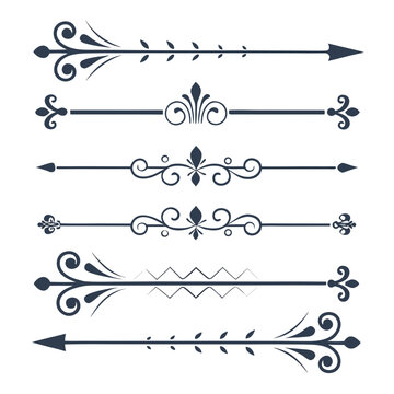 Ornate arrow dividers with leaf accents and swirling flourishes providing elegant directional markers for wedding graphics botanical design layouts and sophisticated vintage page border decorations.