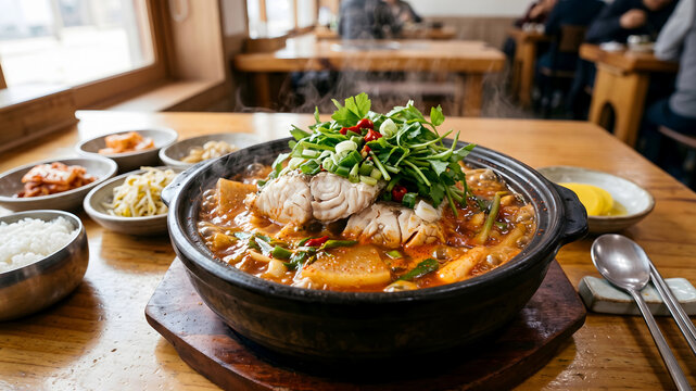 Minatang, Korean spicy croaker fish stew with radish and water parsley simmering in a hot pot on a wooden table