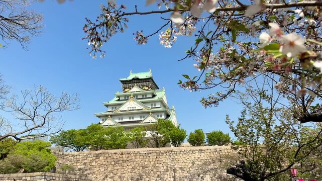 Historic Osaka Castle rises above its stone walls and moat beneath a clear blue sky in Osaka, Japan. A scenic travel destination framed by trees in early spring.