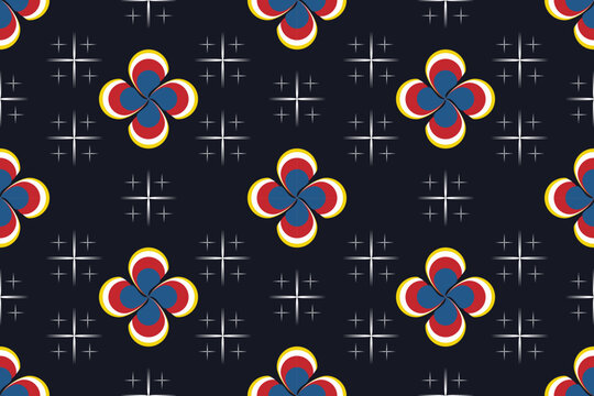 Colorful clover pattern, Multicolored star seamless, Vibrant floral geometric, CMYK,Seamless pattern of vibrant multicolored clover-shaped stars in red, yellow, 