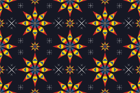 Colorful starburst pattern, Vibrant geometric seamless, Multicolored star pattern, CMYK,Seamless pattern of vibrant colorful geometric starburst shapes in red, yellow, and blue arranged in a complex 