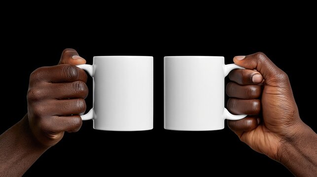 Two dark skin hands hold blank white coffee mugs on solid black background perfect for custom design presentation and product mockup display