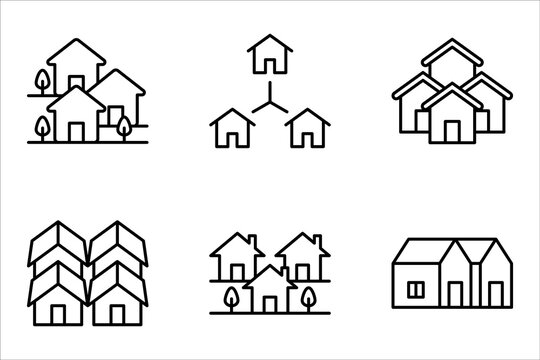 Neighborhood icon set. Downtown district. Suburban living. Property types. vector illustration on white background