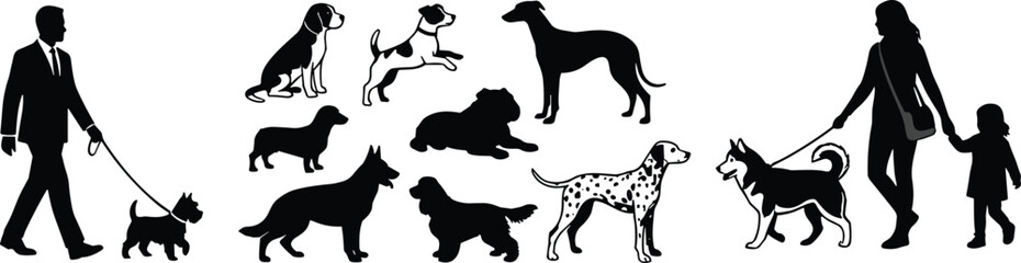 Black silhouettes of various dog breeds and people walking pets isolated on white background © moshaharul