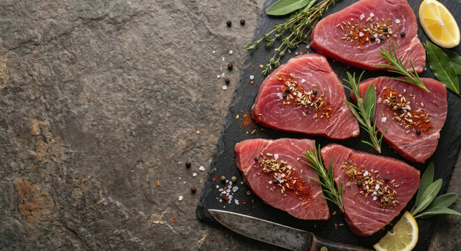 Tuna steaks are placed on a black stone tray with fresh herbs like thyme and rosemary. Lemon slices and various spices are arranged around the fish in preparation for cooking