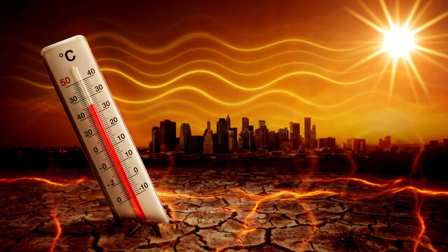 Thermometer in cracked dry earth during heatwave with city skyline and wavy heat distortion effect under intense sunlight in orange sky.
