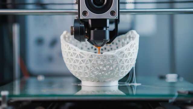 3d printer creating a white plastic object in workshop