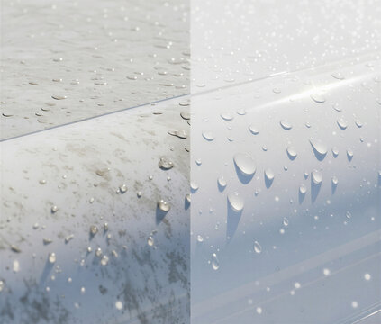 Split screen comparison of a weathered surface versus a treated hydrophobic ceramic paint coating.