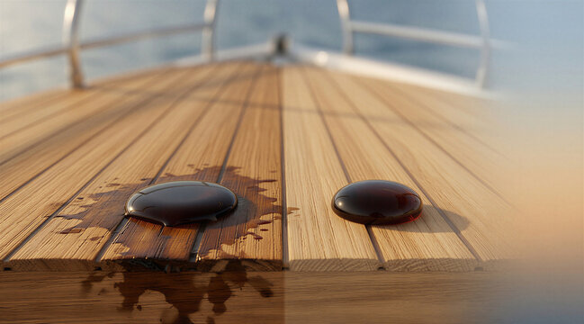 Before and after comparison of liquid staining wood versus treated hydrophobic teak deck protection.