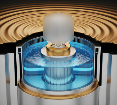 Advanced quantum sensor or mechanical gyroscope measuring fluid ripples and resonance frequencies.