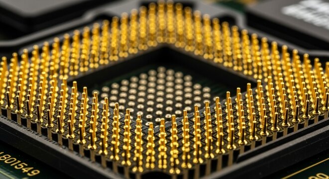 Close-up macro shot of a computer processor with many gold pins.