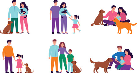 Fototapeta premium Happy family members with domestic pets vector illustration collection set isolated on white background