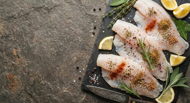 Three fish fillets are placed on a dark stone surface. Lemon slices and various herbs surround the fish. A knife is nearby for preparation