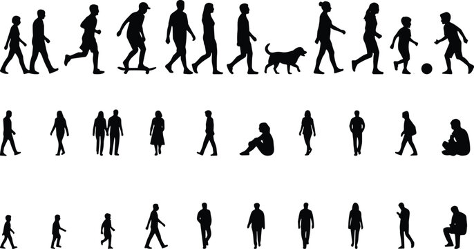 Large collection of people silhouettes walking running sitting playing and outdoor activities set