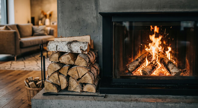 A warm fire burns in a modern fireplace. Firewood is neatly stacked beside the fireplace. A comfortable sofa is seen in the background. This scene captures winter indoors
