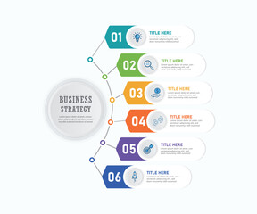 Obraz premium 6 Step Business Strategy Infographic Template with Colorful Process Illustration Design. 