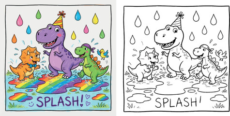 Cute cartoon dinosaurs playing in colorful rainbow puddles, joyful T-Rex, Triceratops, and Stegosaurus celebrating © Dewan
