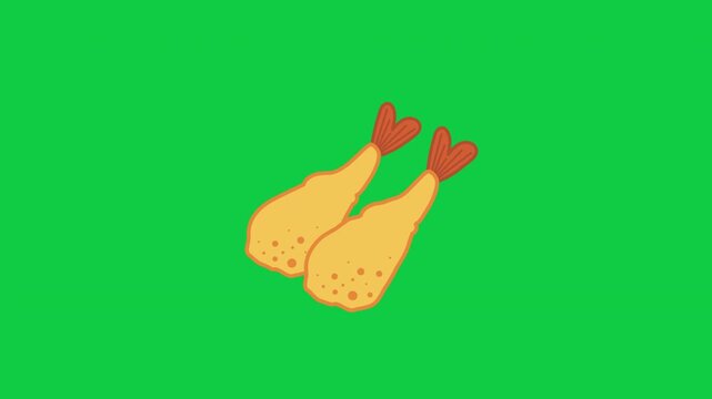 Fried Tempura shrimp Flat 2D Cartoon Vector Animation Loop Green Screen
