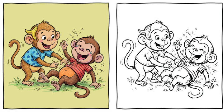 Two playful cartoon monkeys laughing and tickling each other on grass, fun and cheerful kids illustration with banana