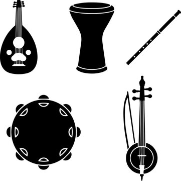 Traditional Lebanese musical instruments vector silhouette icon set