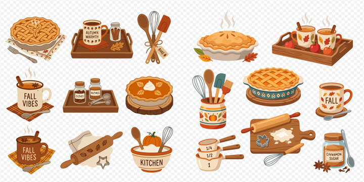 Autumn baking and cooking set with pies, mugs, and kitchen utensils for fall season.