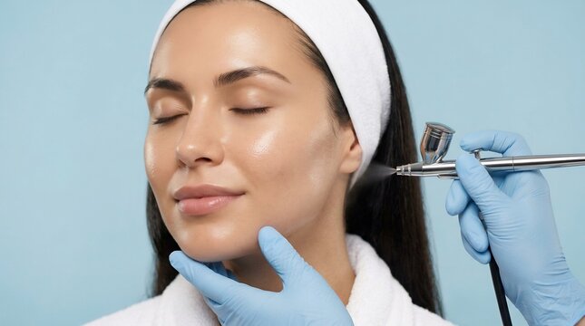 Woman receiving professional facial oxygen spray treatment for skin rejuvenation and hydration