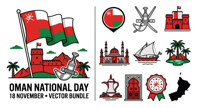 Oman National Day vector bundle, 18 November celebration icons, Omani flag with khanjar and mosque landmarks, red and green cultural elements