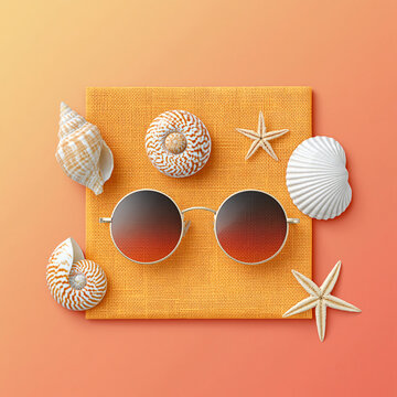 Beach Accessories Flat Lay with Seashells, Starfish and Sunglasses