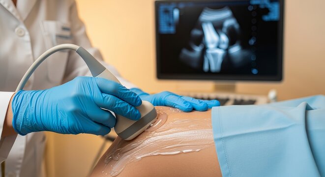 Close up of a doctor performing an ultrasound examination on a patient s knee joint