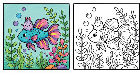 Cute cartoon blue fish with colorful fins swimming with a happy purple octopus underwater among seaweed © Dewan