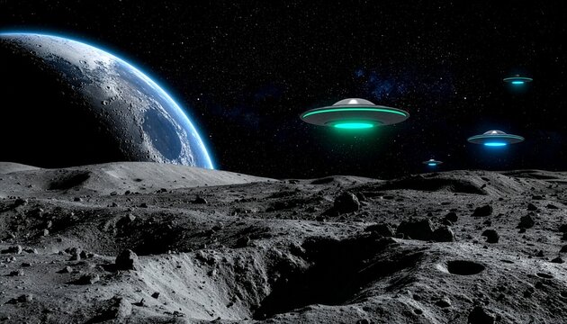 Multiple UFOs and flying saucers hovering over the moon surface with a giant planet background