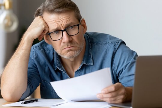 Frustrated middle-aged man with glasses looking at documents and a laptop, showing concern and stress.