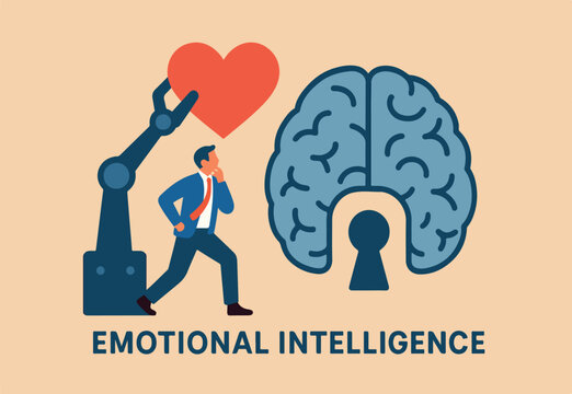 Emotional intelligence ability to understanding emotions and control self positive way, balance between heart and brain, reason and emotion concept, machine put positive heart shape into human brain