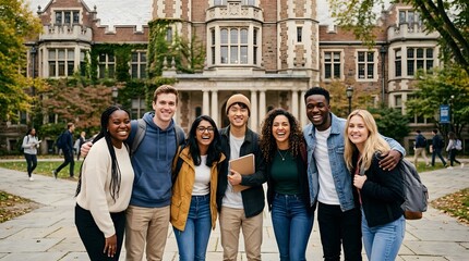 Fototapeta premium Seven students smile and stand close together in front of a large college building. They appear happy and are enjoying their time together on campus