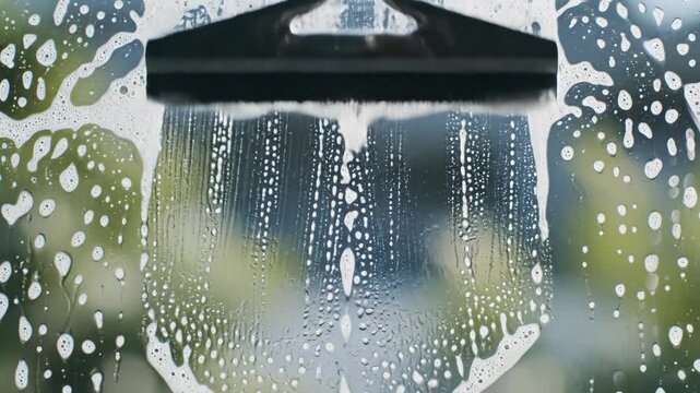 A close-up shot of a squeegee tool wiping down a foggy windowpane covered in water droplets and condensation. The action reveals a clearer view behind the wiped section, ideal for cleaning service con