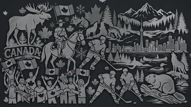 Monochrome collage of Canadian symbols including moose, Mountie, and hockey.