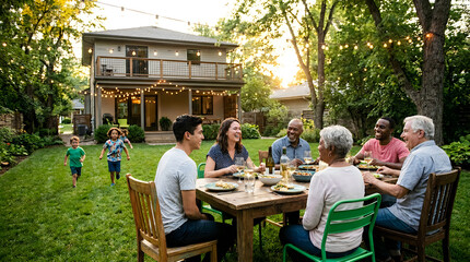 Fototapeta premium Multi-generational family enjoying a summer backyard dinner party with string lights