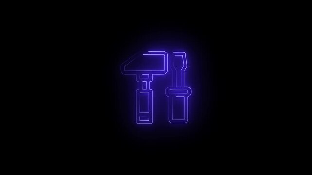 Glowing neon setting icon, spinning gears setting animation. Technology Wrench setting icon. on the black, background Animation of glowing neon Wrench tools and hammer icon