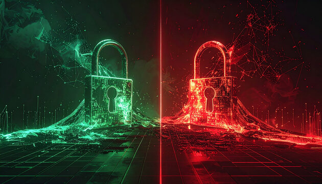 Digital Security Dilemma: A striking visual dichotomy presents two glowing padlocks, one emanating a protective green aura, the other a menacing red glow.