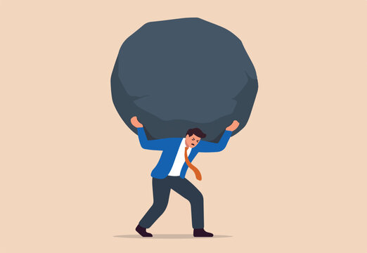 Work re sponsibility, pressure or problem, debt burden or difficulty challenge, struggle, or overworked, effort or punishment concept, tired businessman carry heavy weight rock boulder in atlas pose
