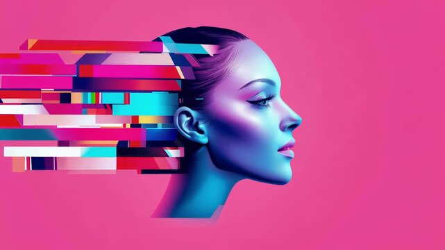 Digital Womans Profile Transforming Into Colorful Abstract Geometric Shapes and Lines, Representing Data Flow and Transformation