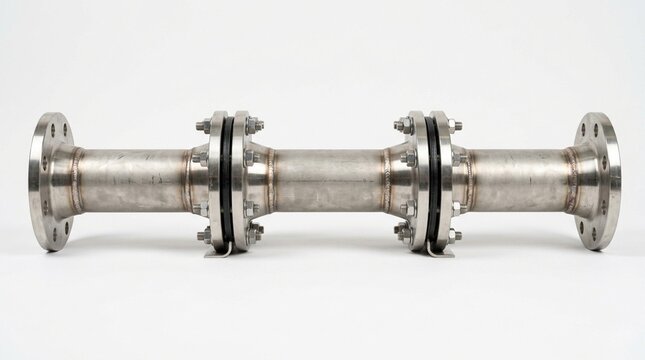 Flanged Pipe Assembly Showing Multiple Pipe Flanges Bolted Together with Gaskets Visible at Each Joint DN100 Stainless Steel Pipe Section - Industrial Stock Photo
